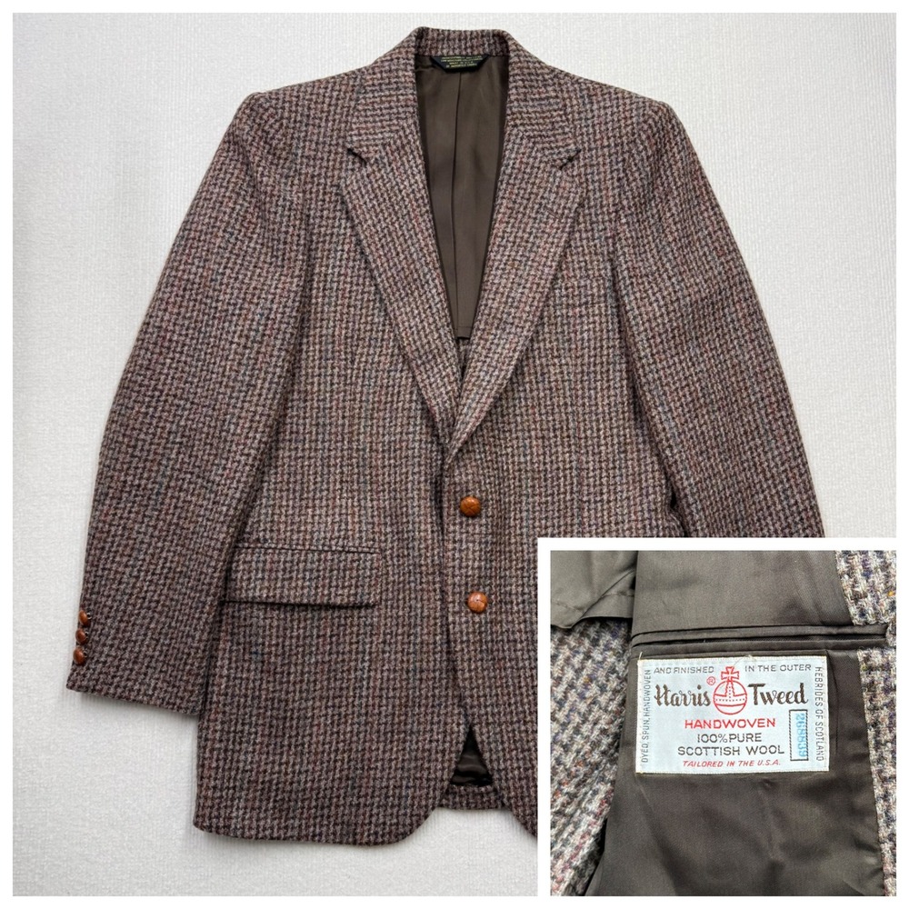 VTG Stafford Harris Tweed Wool Blazer Mens 38R? Brown Houndstooth Sport Coat USA